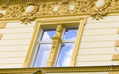 Decorated Old Facade With Blue Sky Reflection Window